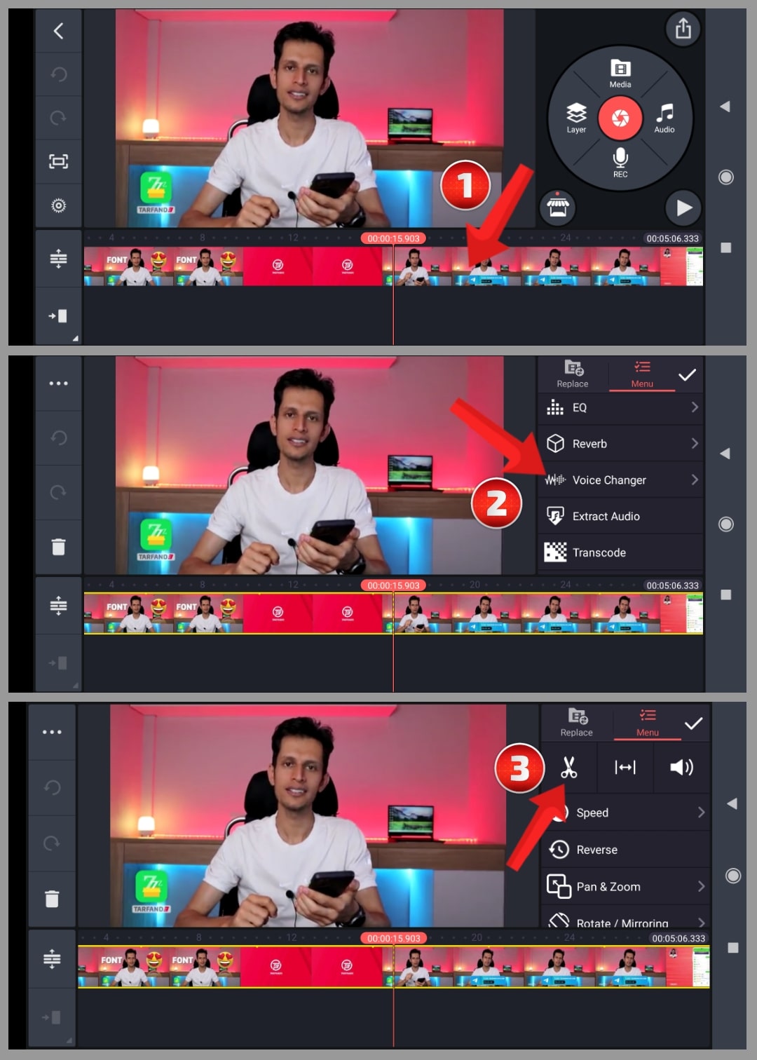 گزینه Voice changer را لمس تا صدای ویدیو تغییر کند
